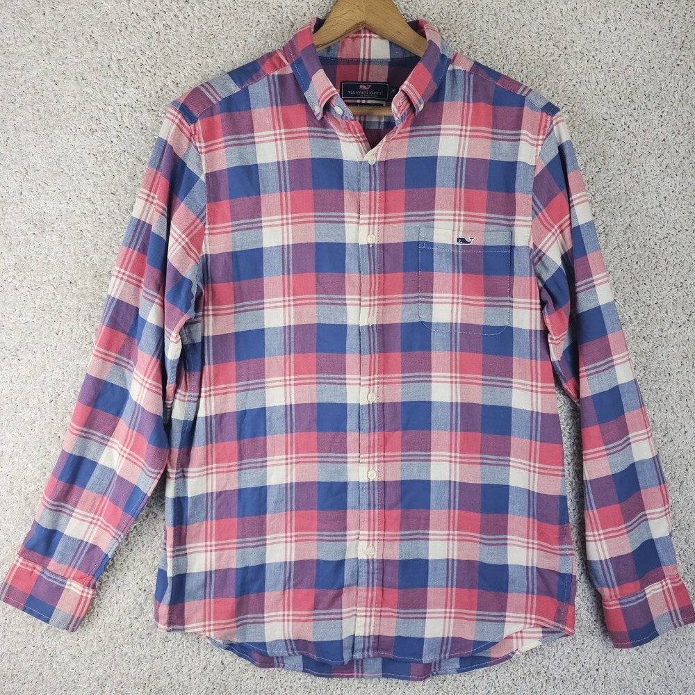 Vineyard Vines Classic Fit Tucker Linen Blend Plaid Pink Button Shirt Sz M Whale